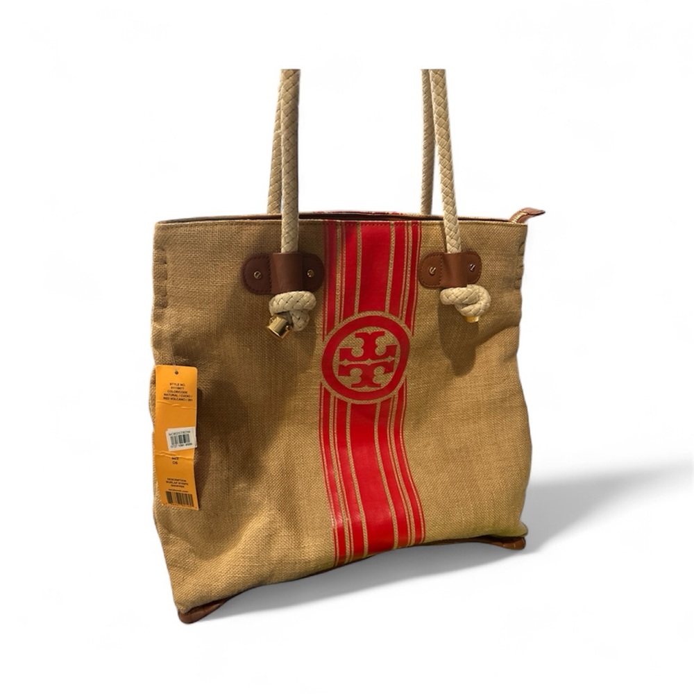 TORY BURCH ELLA NATURAL RED STRIPE CANVAS TOTE VOLCANO BURLAP LARGE NWT - Picture 2 of 14